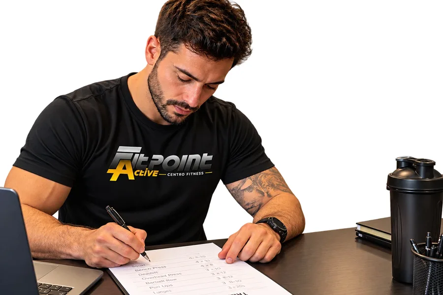 Istruttore FitPoint che scrive una scheda di allenamento