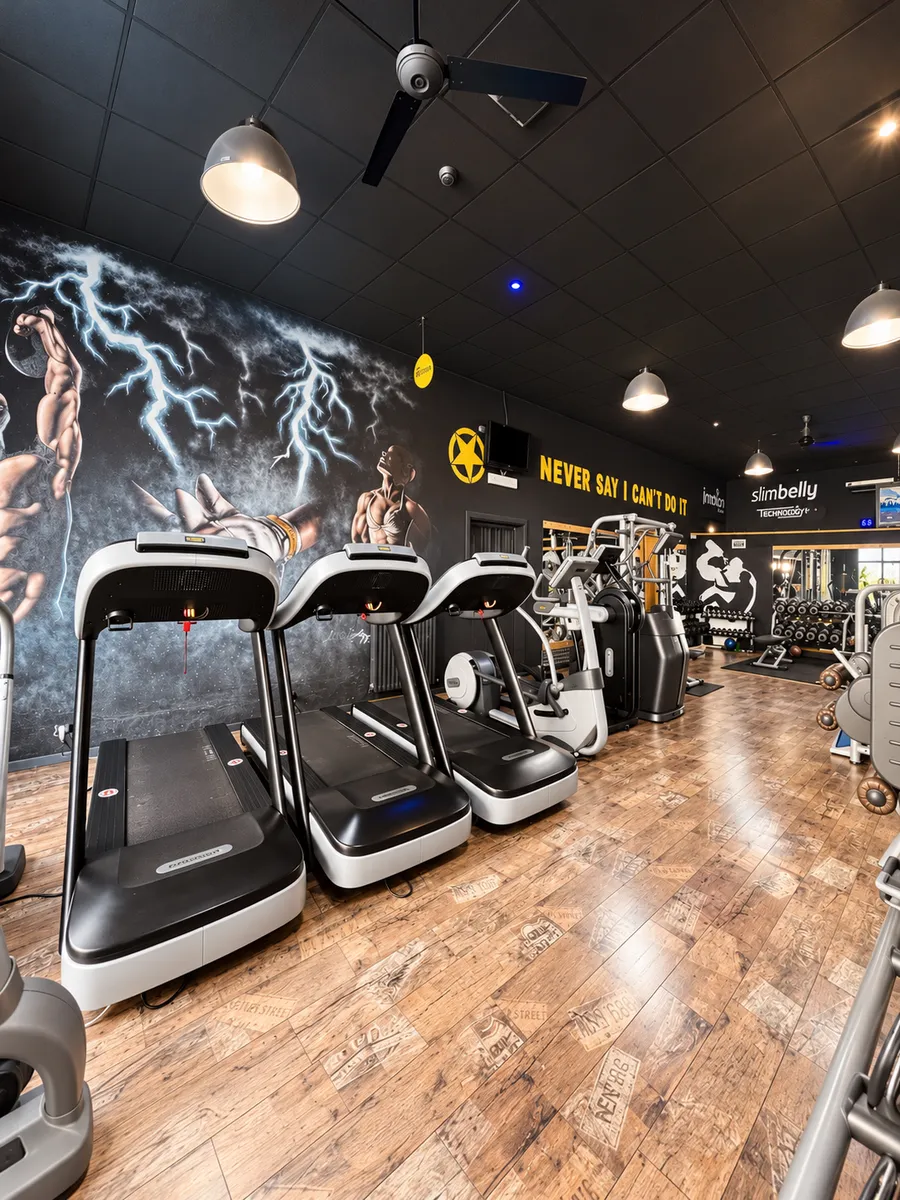Zona cardio con il murale dei fulmini e la scritta Never say I can’t do it